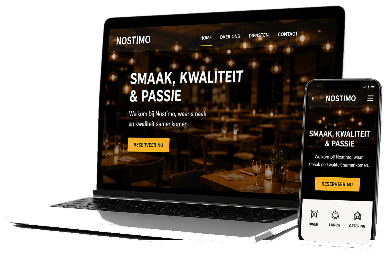 Vrijstaande laptop- en smartphone-mockup met een donkere Nostimo-voorbeeldwebsite